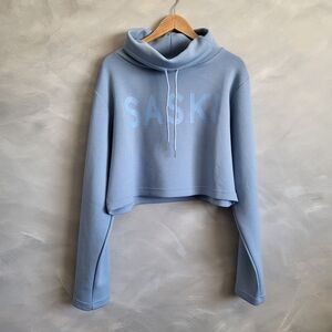 Saski Collection Cropped High Neck Roll Drawstring Sweatshirt Light Blue XL